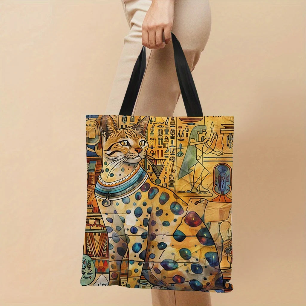 1pc Ancient Egyptian Cat Printed Canvas Tote Bag, Lightweight, Shopping Bag With Sturdy Black Handles