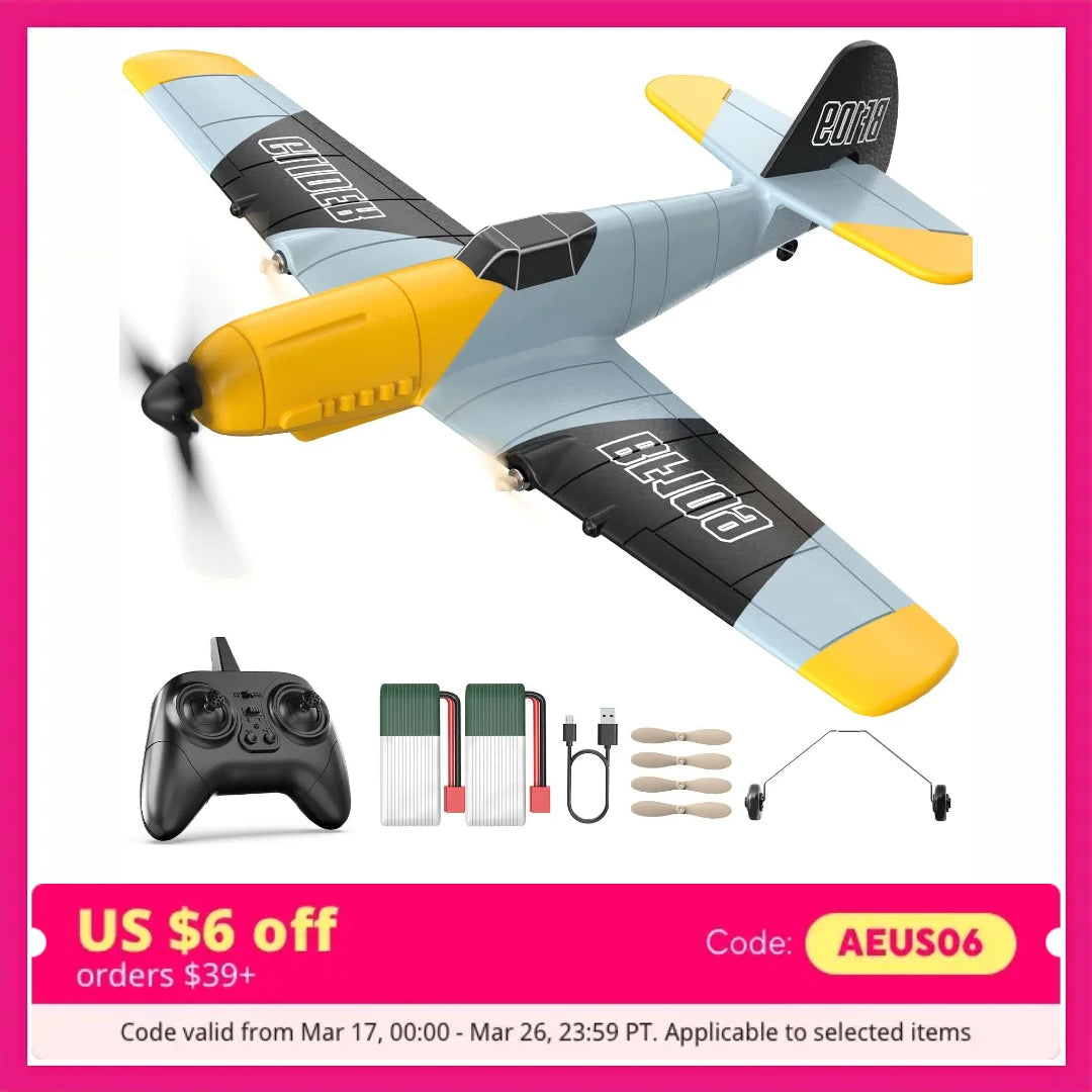 DEERC RC Plane BF-109, 3 Channel, 2.4GHz, 6-axis Gyro, RTF Glider, 2 Batteries, Easy Fly for Adults, Kids, Beginners