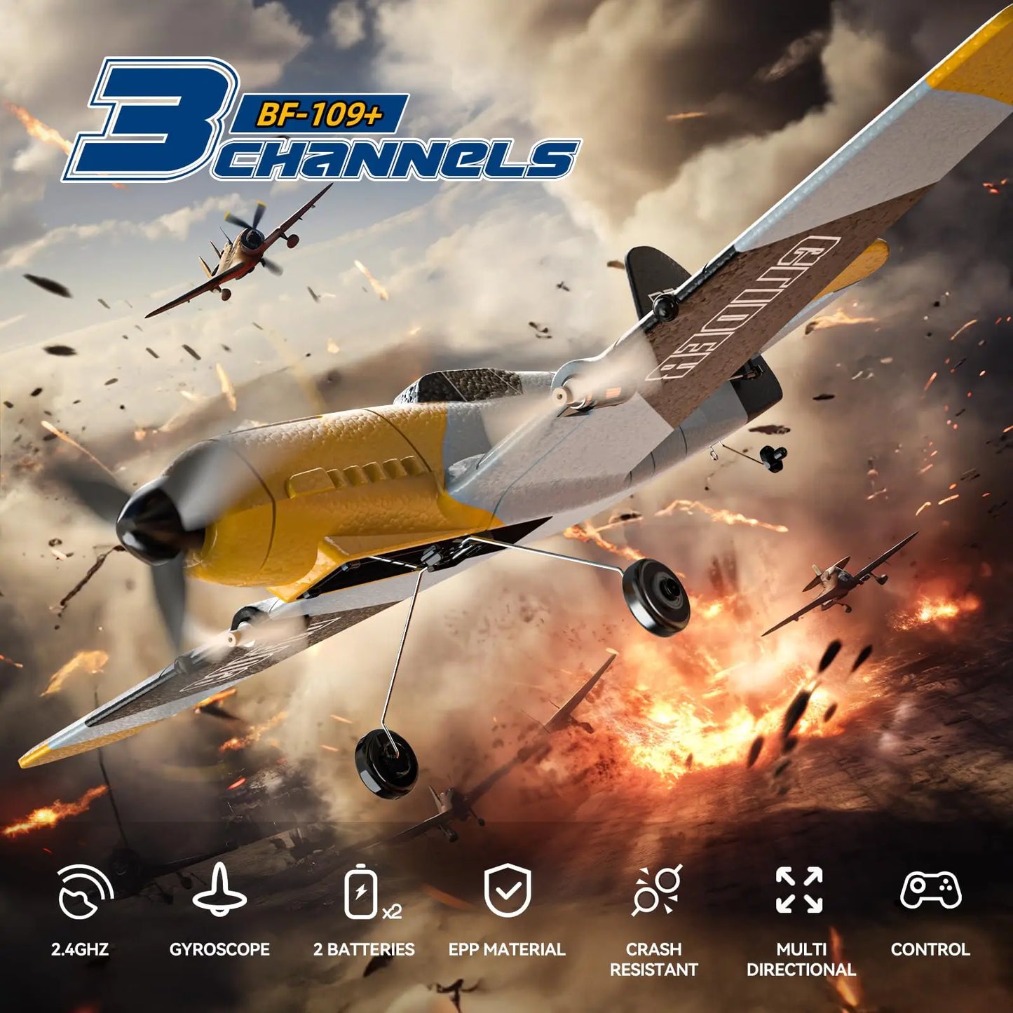 DEERC RC Plane BF-109, 3 Channel, 2.4GHz, 6-axis Gyro, RTF Glider, 2 Batteries, Easy Fly for Adults, Kids, Beginners