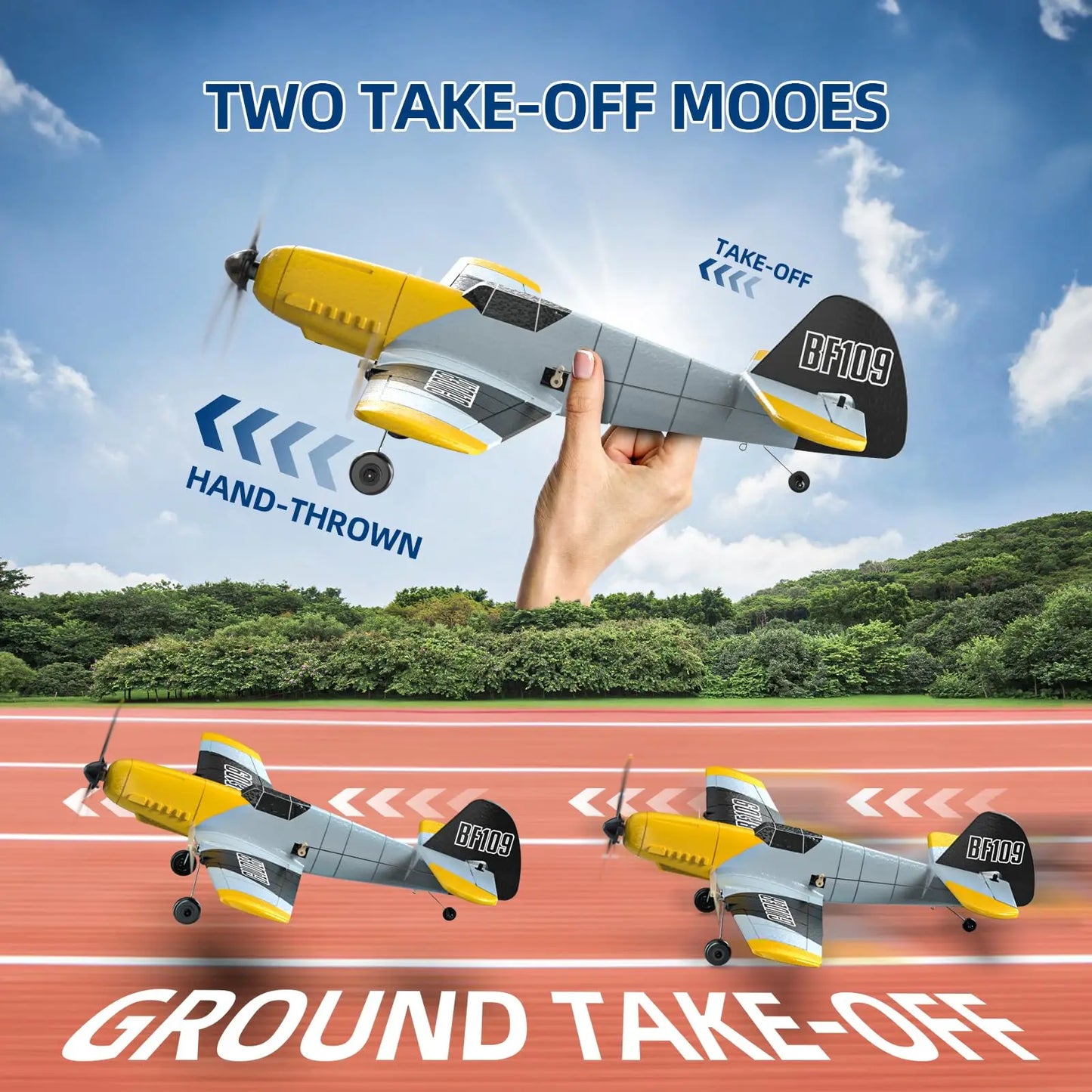 DEERC RC Plane BF-109, 3 Channel, 2.4GHz, 6-axis Gyro, RTF Glider, 2 Batteries, Easy Fly for Adults, Kids, Beginners