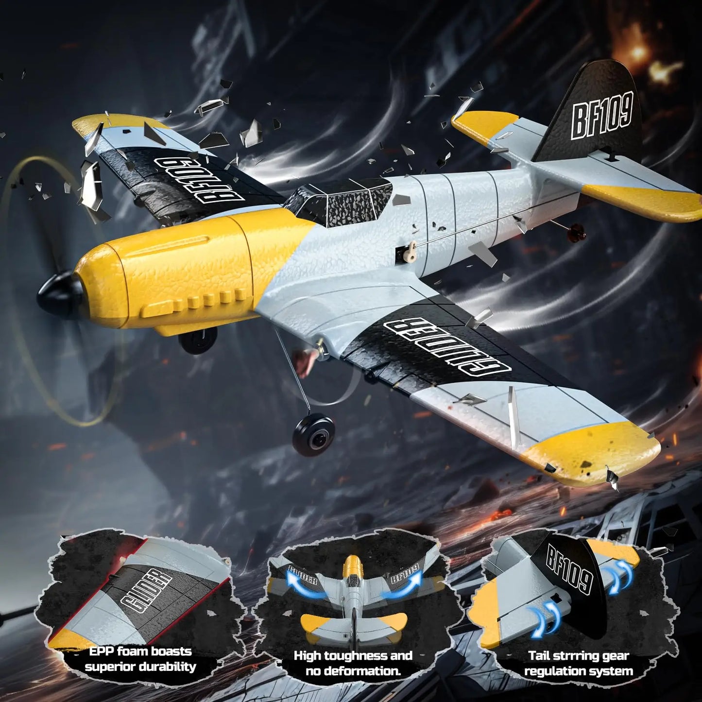 DEERC RC Plane BF-109, 3 Channel, 2.4GHz, 6-axis Gyro, RTF Glider, 2 Batteries, Easy Fly for Adults, Kids, Beginners