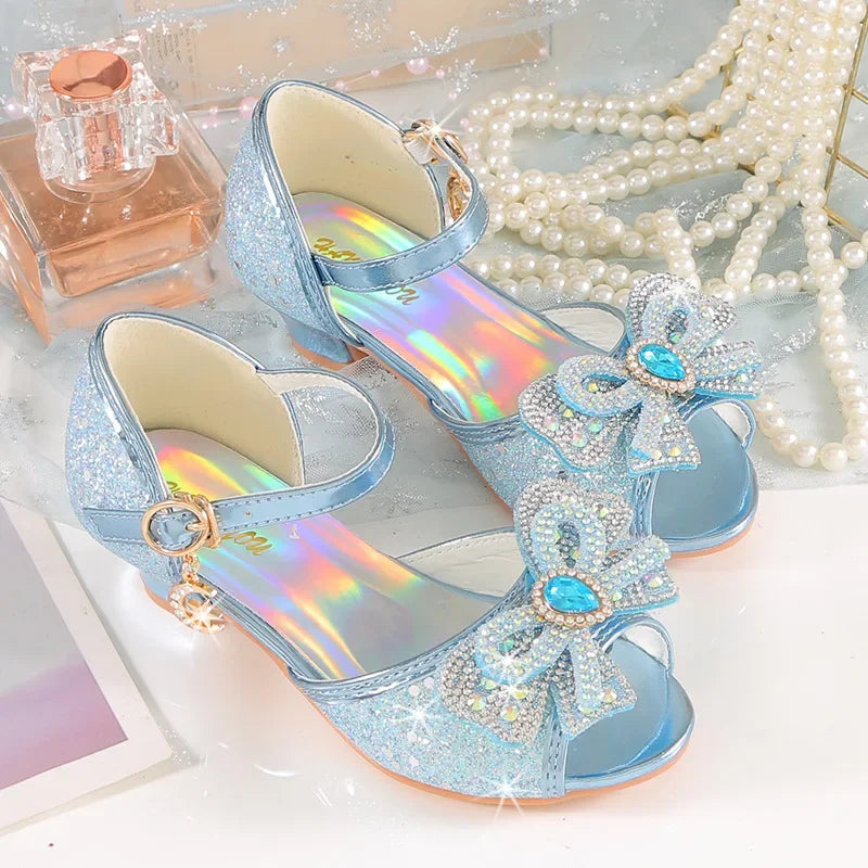 Summer Girls Sandals With Heel Fashion Rhinestone Shiny Glitter Shoes Children Princess Bowtie Pearl Dancing Shoes H876