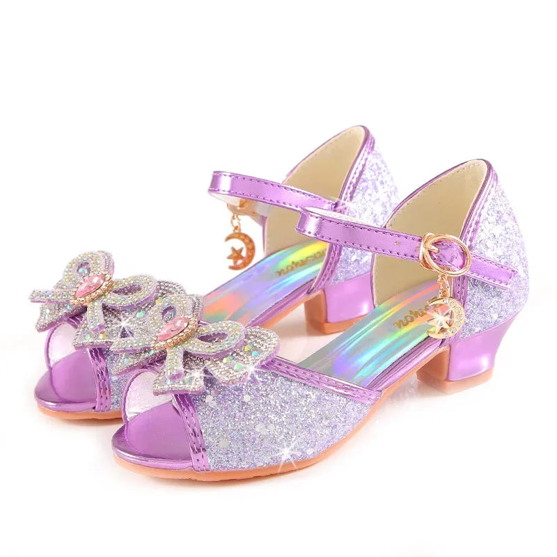 Summer Girls Sandals With Heel Fashion Rhinestone Shiny Glitter Shoes Children Princess Bowtie Pearl Dancing Shoes H876