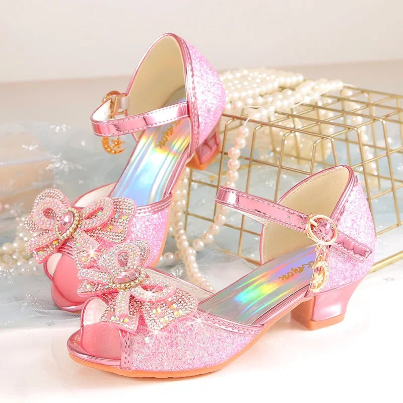 Summer Girls Sandals With Heel Fashion Rhinestone Shiny Glitter Shoes Children Princess Bowtie Pearl Dancing Shoes H876