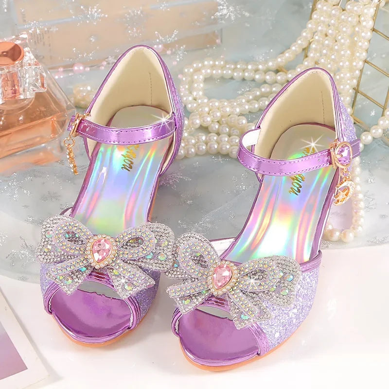 Summer Girls Sandals With Heel Fashion Rhinestone Shiny Glitter Shoes Children Princess Bowtie Pearl Dancing Shoes H876