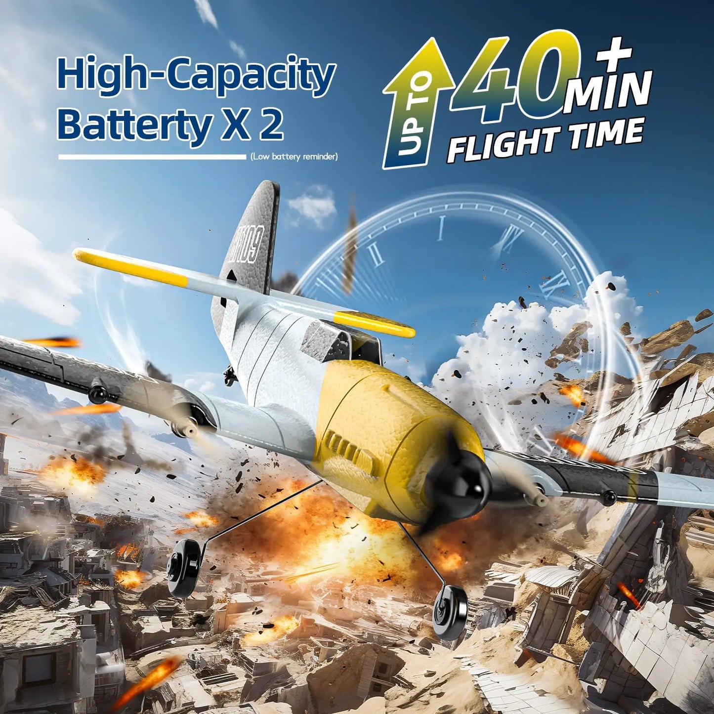 DEERC RC Plane BF-109, 3 Channel, 2.4GHz, 6-axis Gyro, RTF Glider, 2 Batteries, Easy Fly for Adults, Kids, Beginners