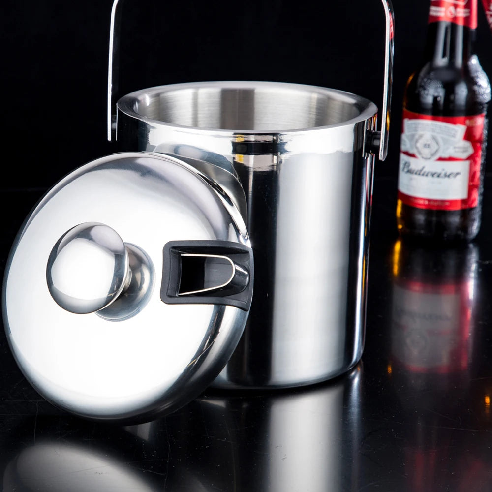 Portable Double-Walled 1.3L Ice Bucket Stainless Steel 18/8 Outdoor Ice Container Wine/Drinking/Beer Cooler Ice Tong For Party