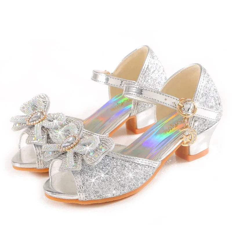 Summer Girls Sandals With Heel Fashion Rhinestone Shiny Glitter Shoes Children Princess Bowtie Pearl Dancing Shoes H876