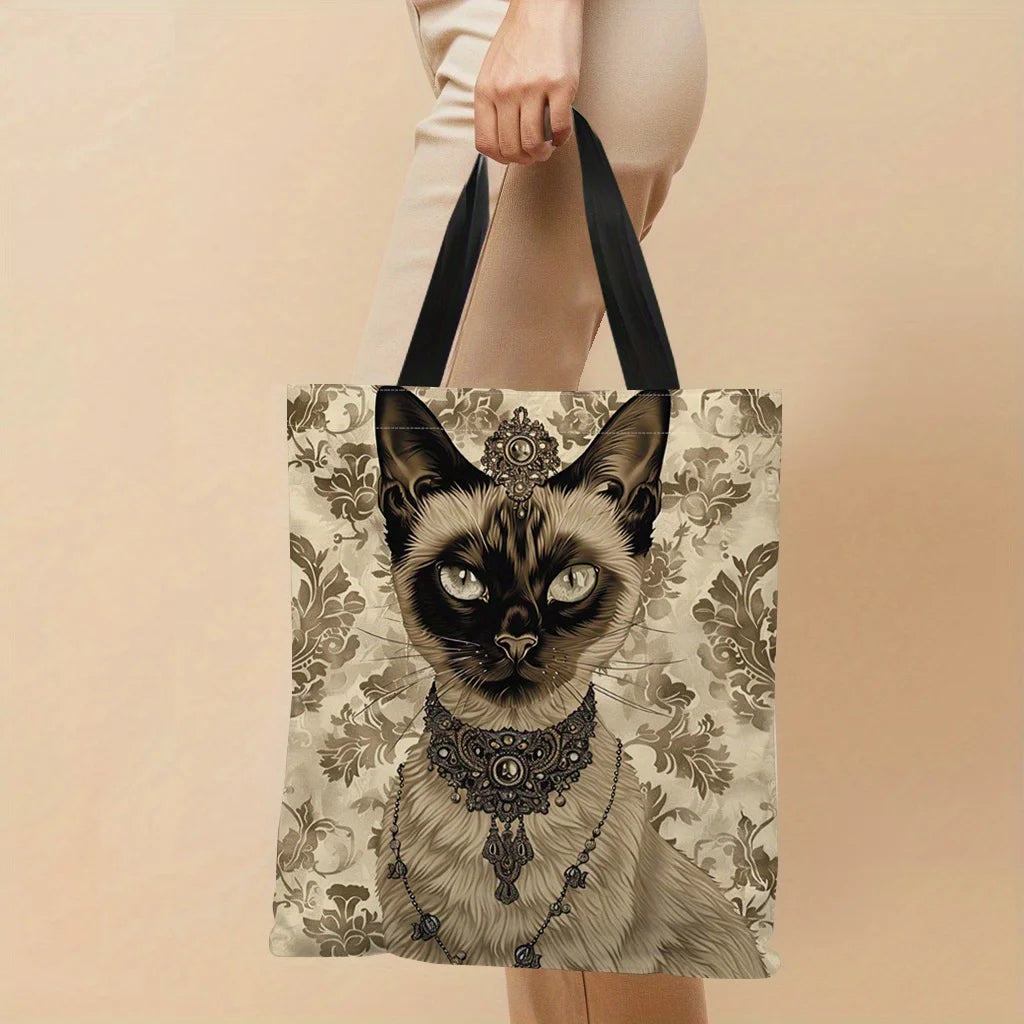 1pc Ancient Egyptian Cat Printed Canvas Tote Bag, Lightweight, Shopping Bag With Sturdy Black Handles