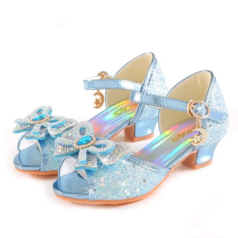 Summer Girls Sandals With Heel Fashion Rhinestone Shiny Glitter Shoes Children Princess Bowtie Pearl Dancing Shoes H876