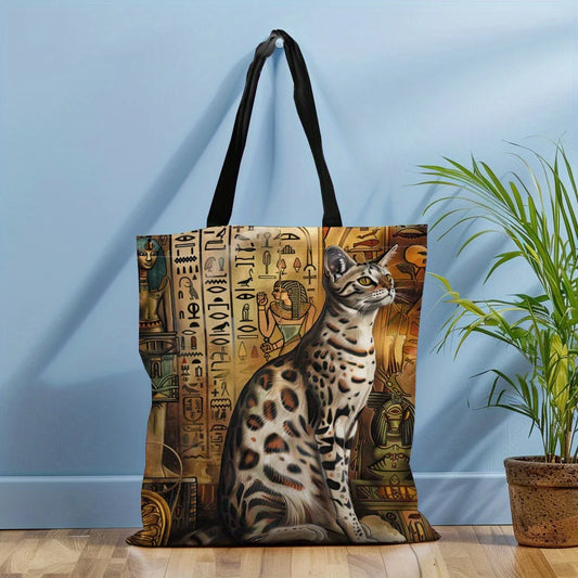 1pc Ancient Egyptian Cat Printed Canvas Tote Bag, Lightweight, Shopping Bag With Sturdy Black Handles