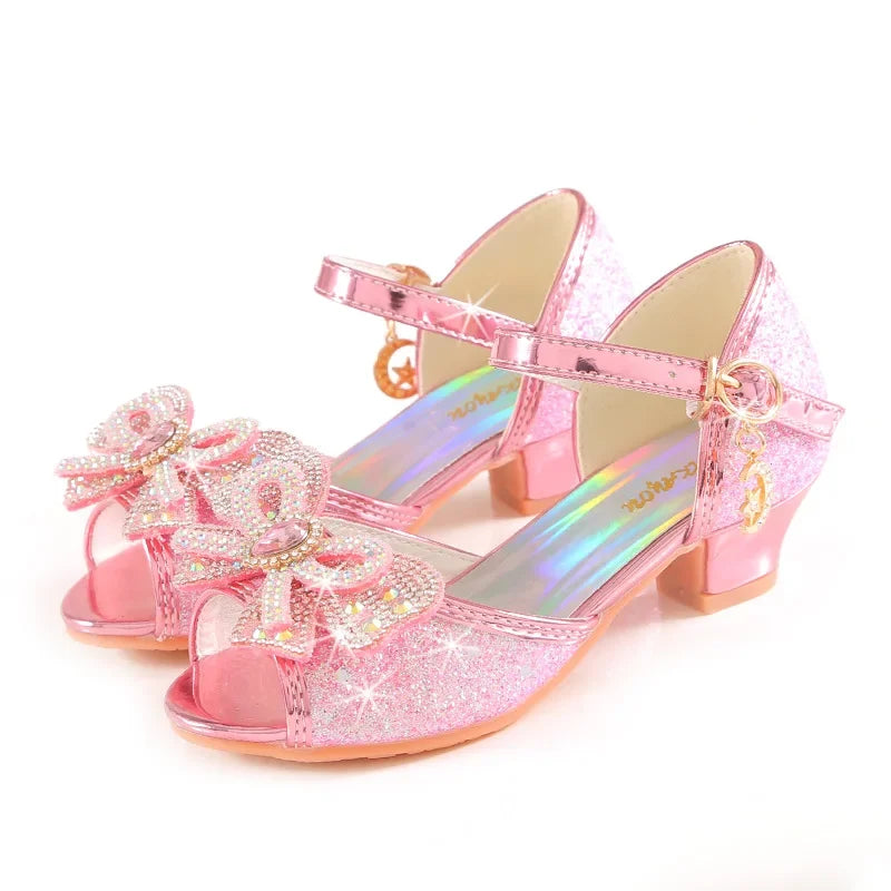 Summer Girls Sandals With Heel Fashion Rhinestone Shiny Glitter Shoes Children Princess Bowtie Pearl Dancing Shoes H876