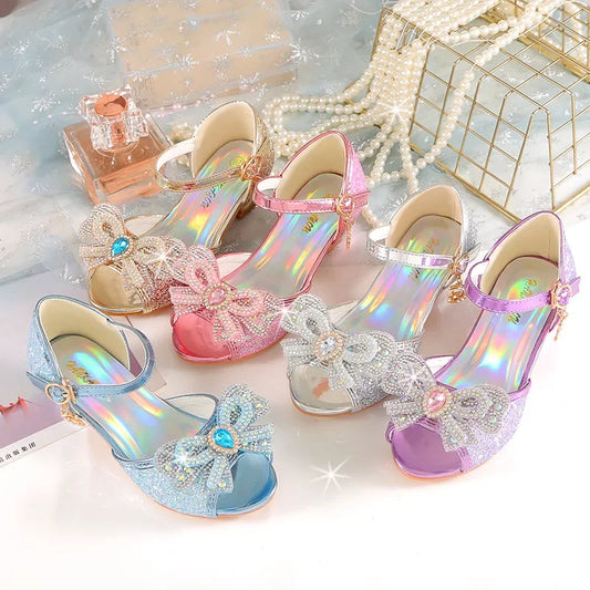 Summer Girls Sandals With Heel Fashion Rhinestone Shiny Glitter Shoes Children Princess Bowtie Pearl Dancing Shoes H876