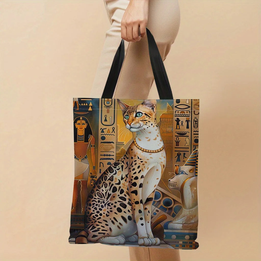 1pc Ancient Egyptian Cat Printed Canvas Tote Bag, Lightweight, Shopping Bag With Sturdy Black Handles