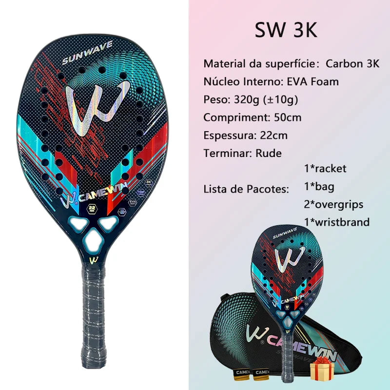3K Camewin Beach Tennis Racket for Adult Professional Training Competition Full Carbon Fiber Rough Surface Paddle With Bag Cover