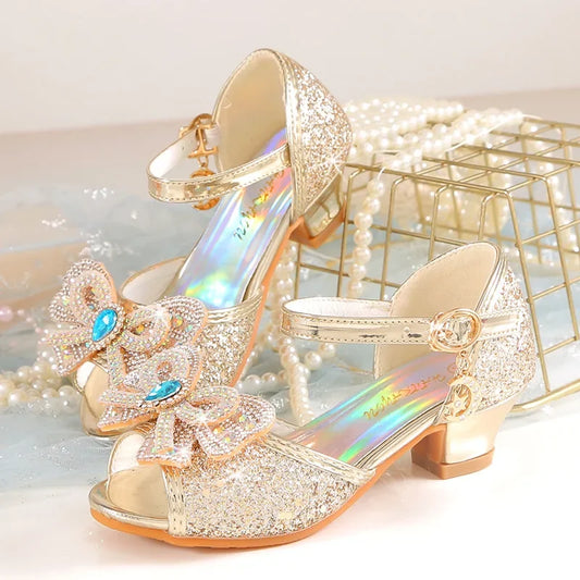Summer Girls Sandals With Heel Fashion Rhinestone Shiny Glitter Shoes Children Princess Bowtie Pearl Dancing Shoes H876