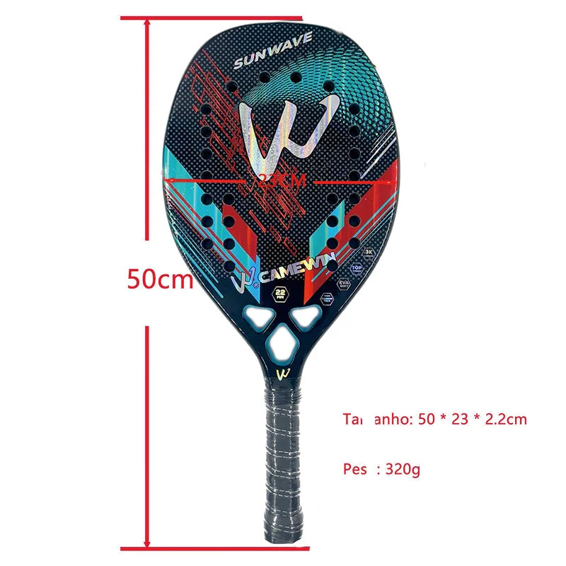 3K Camewin Beach Tennis Racket for Adult Professional Training Competition Full Carbon Fiber Rough Surface Paddle With Bag Cover