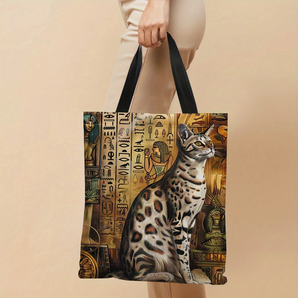1pc Ancient Egyptian Cat Printed Canvas Tote Bag, Lightweight, Shopping Bag With Sturdy Black Handles