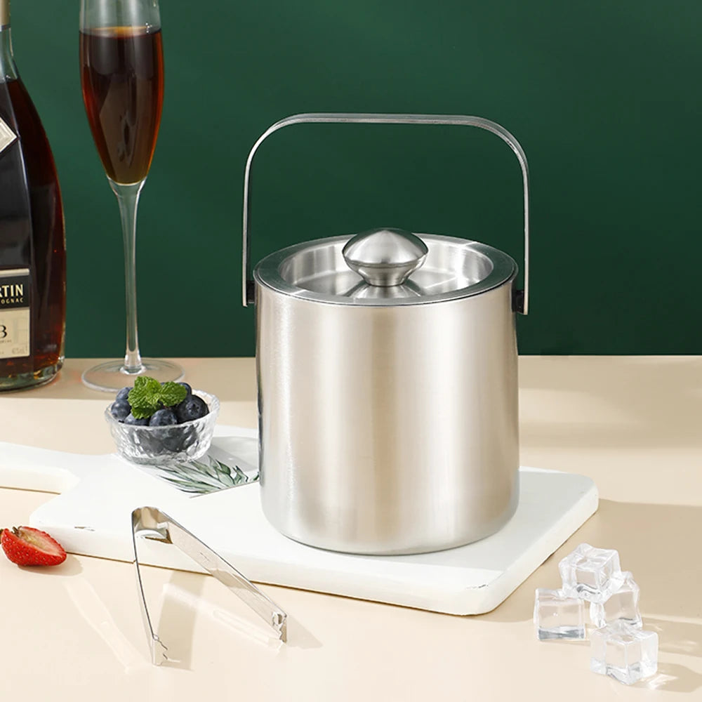 Portable Double-Walled 1.3L Ice Bucket Stainless Steel 18/8 Outdoor Ice Container Wine/Drinking/Beer Cooler Ice Tong For Party