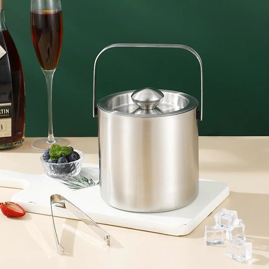 Portable Double-Walled 1.3L Ice Bucket Stainless Steel 18/8 Outdoor Ice Container Wine/Drinking/Beer Cooler Ice Tong For Party